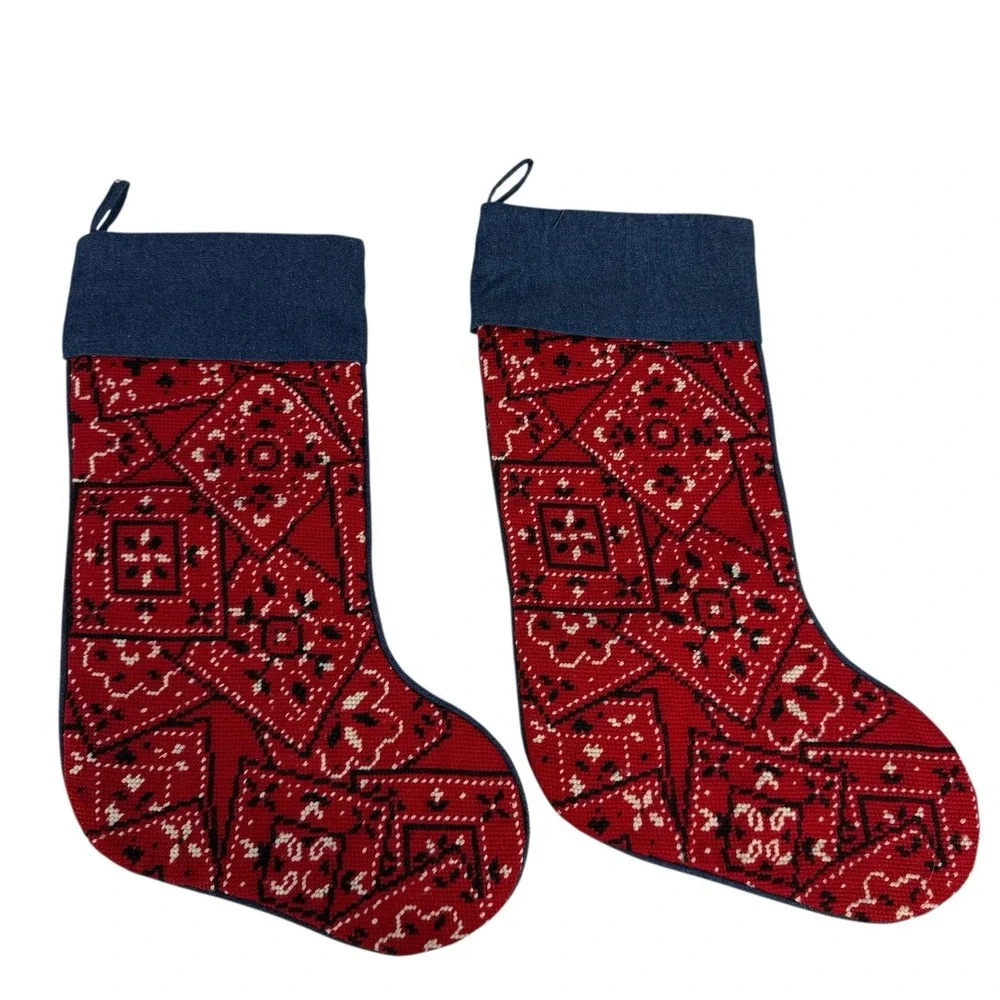 Vintage Needlepoint Christmas Stocking Wool Red Bandana Denim Large‎ Set Of 2